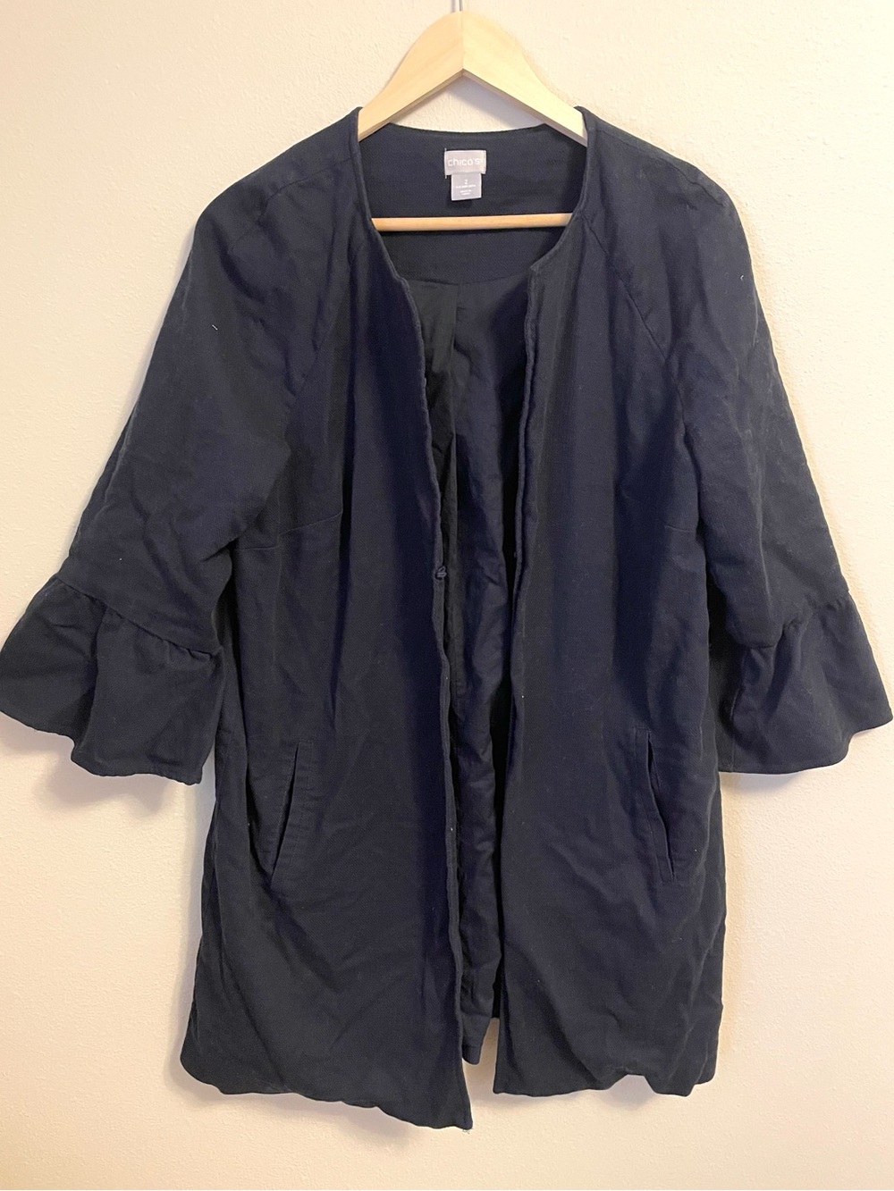 Chico's - Navy Open-Front Ruffle Sleeve Layering Coatigan -Size 2 (Fits like L)